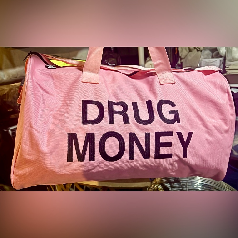 ALF NEW Pink Nylon Zip Duffel w/ DRUG MONEY Embroidered Shoulder & Short Straps